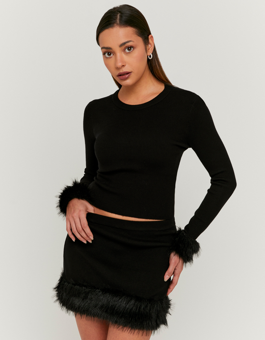 TALLY WEiJL, Black Knited Skirt with Fur Trim for Women