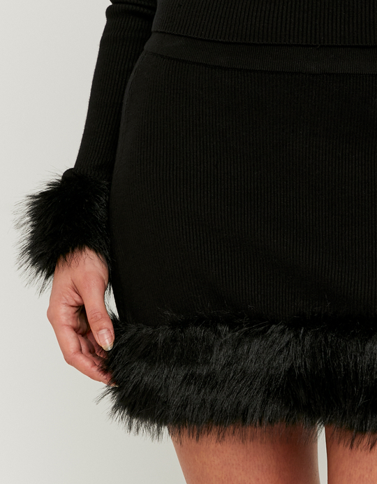 TALLY WEiJL, Black Knited Skirt with Fur Trim for Women