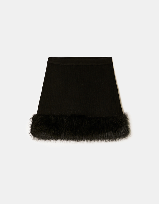 TALLY WEiJL, Black Knited Skirt with Fur Trim for Women
