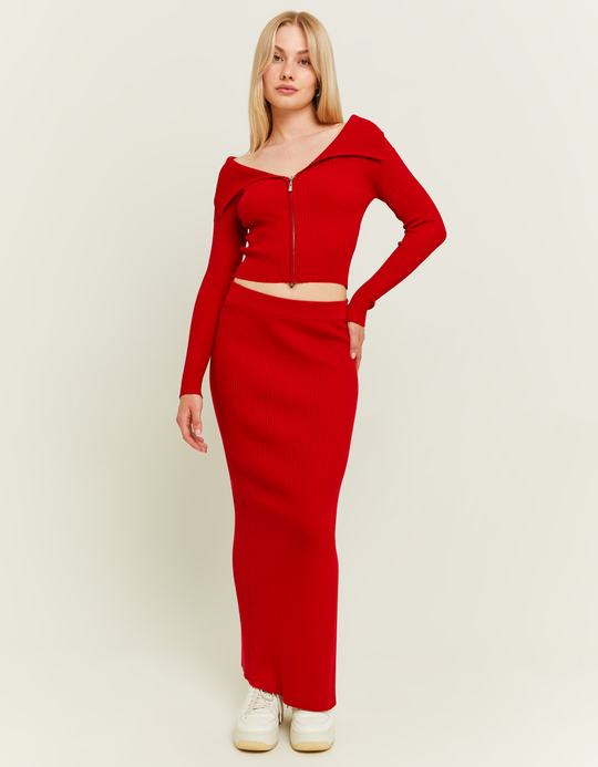 TALLY WEiJL, Red Long Knit Skirt with Slit for Women