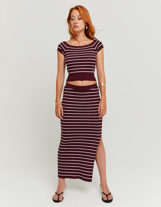 TALLY WEiJL, Burgundy Knitted Midi Skirt with Stripes for Women