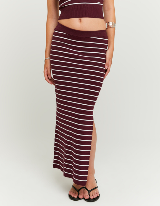 TALLY WEiJL, Burgundy Knitted Midi Skirt with Stripes for Women