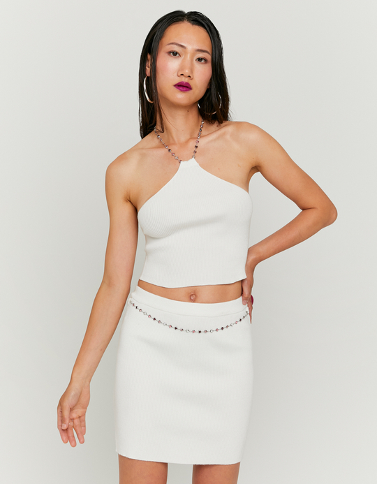 TALLY WEiJL, White Knitted skirt with Rhinestones Belt for Women