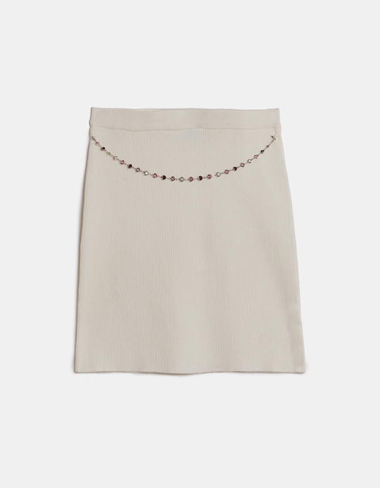 TALLY WEiJL, White Knitted skirt with Rhinestones Belt for Women
