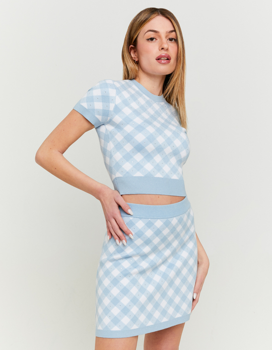 TALLY WEiJL, Jupe en Maille Blanche et Bleue à Imprimé Vichy for Women