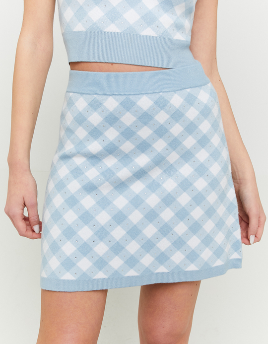TALLY WEiJL, Jupe en Maille Blanche et Bleue à Imprimé Vichy for Women
