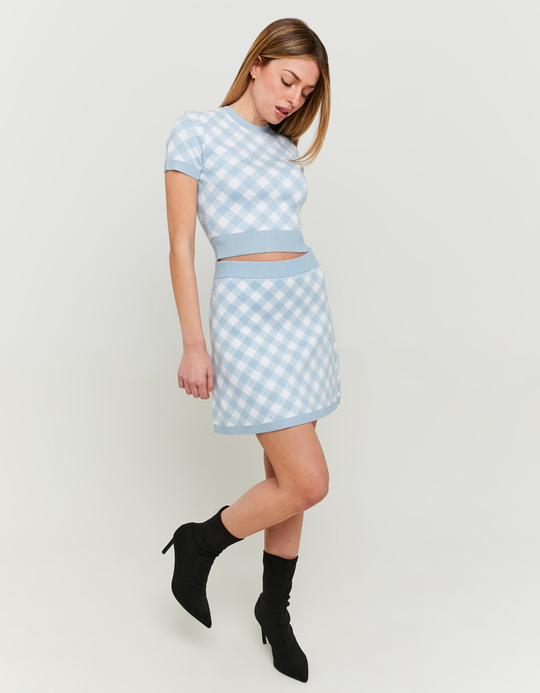TALLY WEiJL, Jupe en Maille Blanche et Bleue à Imprimé Vichy for Women