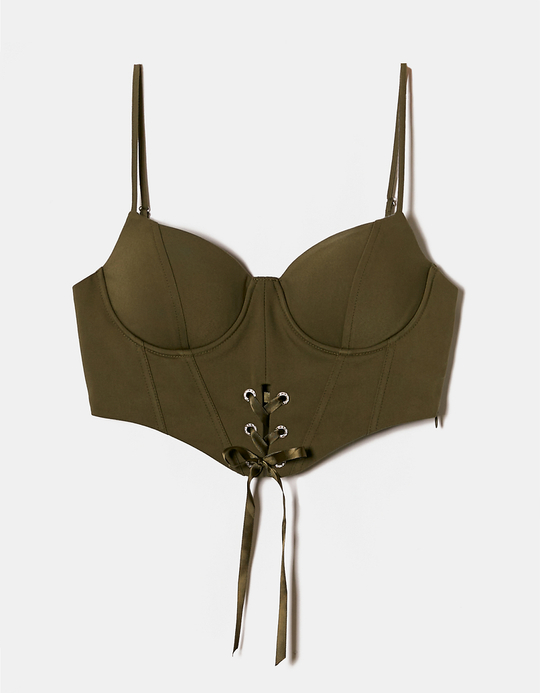 TALLY WEiJL, Top Bustier Vert en Satin avec Laçage for Women