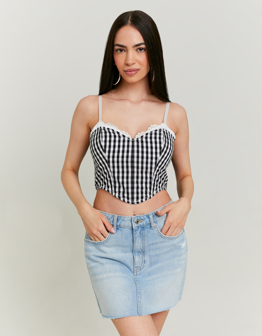 TALLY WEiJL, Vichy Print Crop Top with Lace Trims for Women