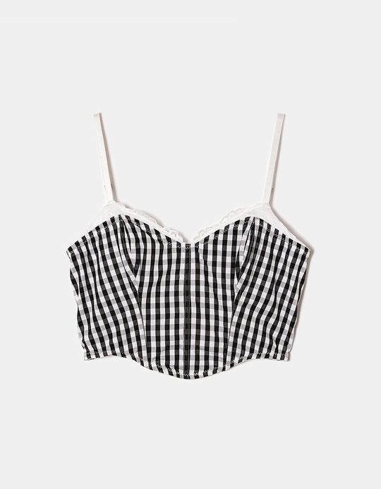 TALLY WEiJL, Vichy Print Crop Top with Lace Trims for Women