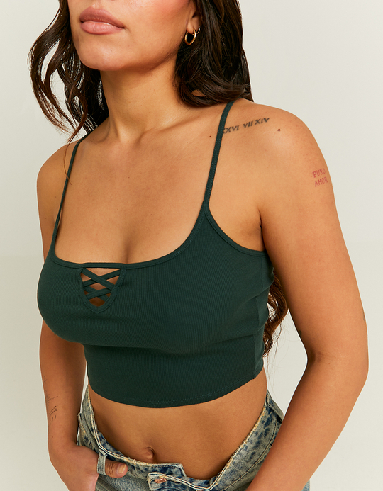 TALLY WEiJL, Front Lace Up Detail Green Tank Top for Women