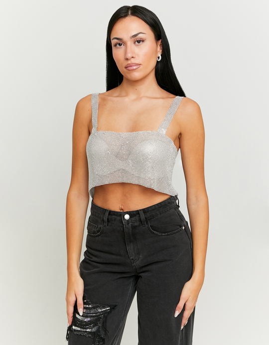 TALLY WEiJL, Top in Catena Metallica Argento con Strass for Women