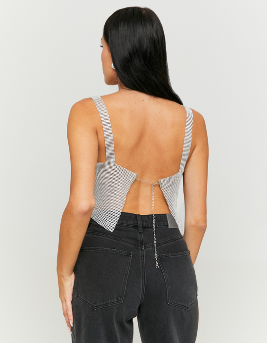 TALLY WEiJL, Silver Metallic Chain Top  with Strass for Women