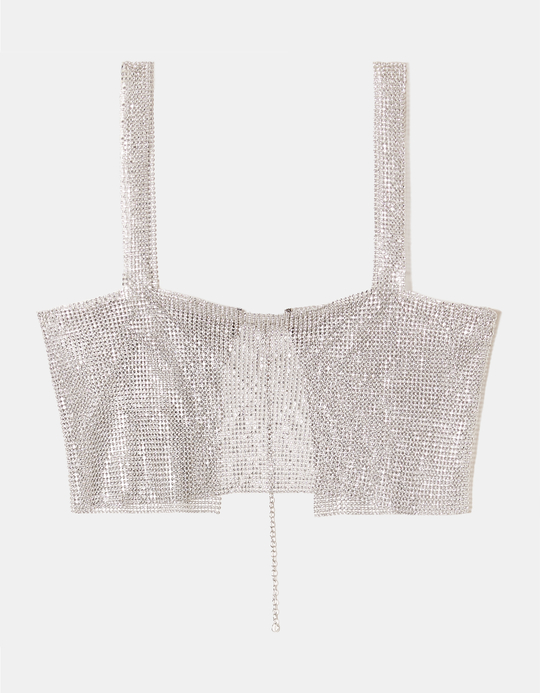 TALLY WEiJL, Silver Metallic Chain Top  with Strass for Women