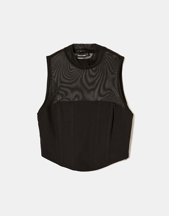 TALLY WEiJL, Black Mesh Corset Style Top for Women