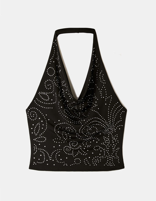 TALLY WEiJL, Top Halter Nero con Strass for Women
