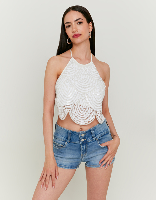 TALLY WEiJL, White Sequined Backless Top for Women