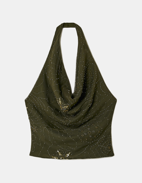 TALLY WEiJL, Green Halter Top with Beads for Women