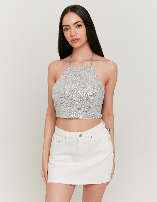 TALLY WEiJL, Silver Sequined Backless Top for Women