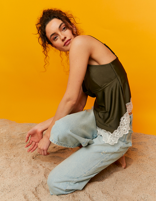 TALLY WEiJL, Top Vert en Satin avec Détail en Dentelle for Women