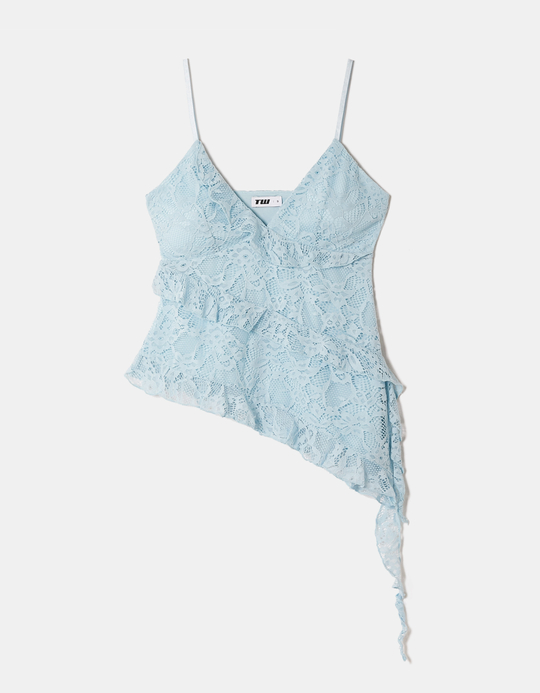 TALLY WEiJL, Light Blue Asymmetric Lace Top with Ruffles for Women
