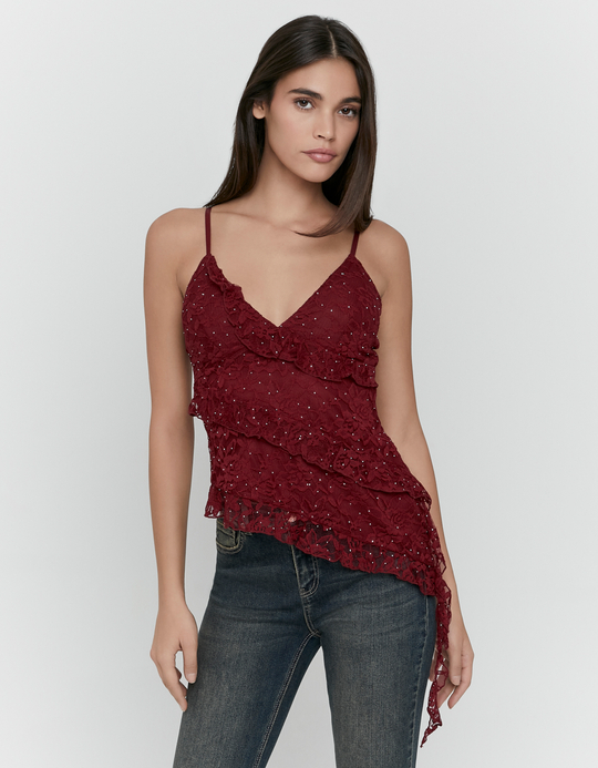 TALLY WEiJL, Rotes Figurbetontes Spitzentop Mit Strass Und Herzausschnitt for Women