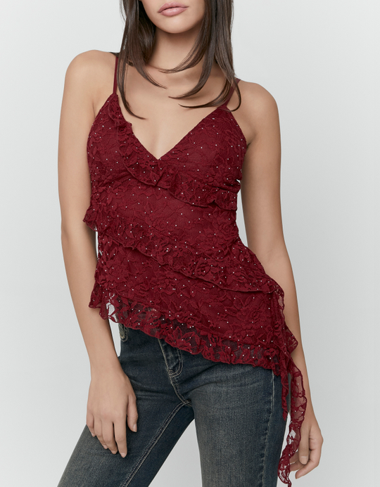 TALLY WEiJL, Rotes Figurbetontes Spitzentop Mit Strass Und Herzausschnitt for Women