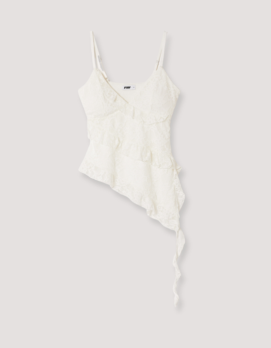 TALLY WEiJL, White Asymmetric Lace Top with Ruffles for Women
