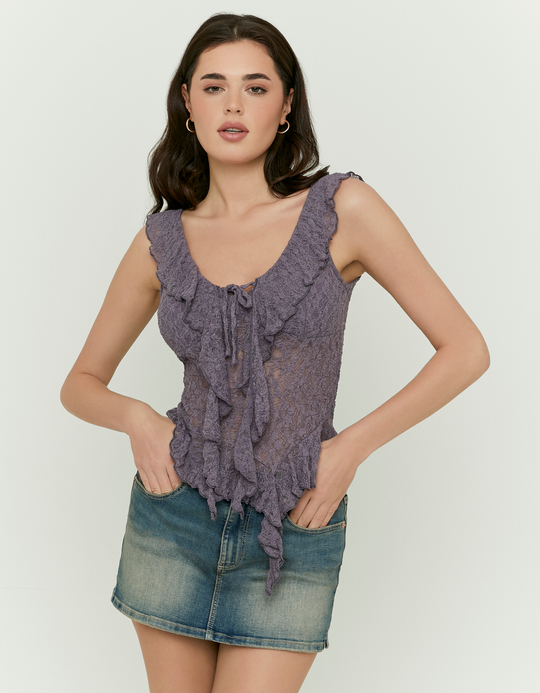 TALLY WEiJL, Burgundy Lace Top with Ruffles for Women