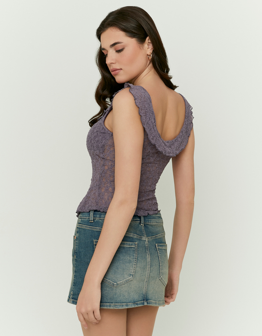 TALLY WEiJL, Burgundy Lace Top with Ruffles for Women
