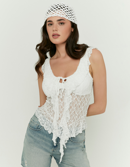 TALLY WEiJL, White Lace Top with Ruffles for Women