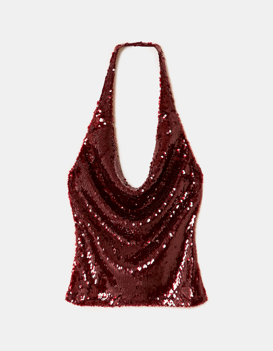 TALLY WEiJL, Burgunderfarbenes Neckholder Top mit Pailletten for Women
