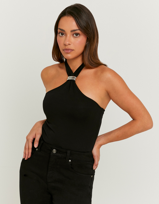 TALLY WEiJL, Black Halter Top with Metallic Detail for Women
