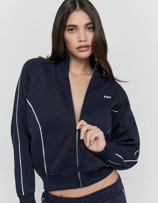 TALLY WEiJL, Marineblaues Oversize Sweatshirt mit Zip und Kontrastpaspeln for Women