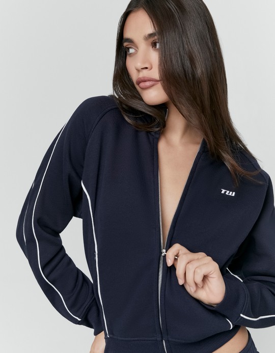 TALLY WEiJL, Marineblaues Oversize Sweatshirt mit Zip und Kontrastpaspeln for Women