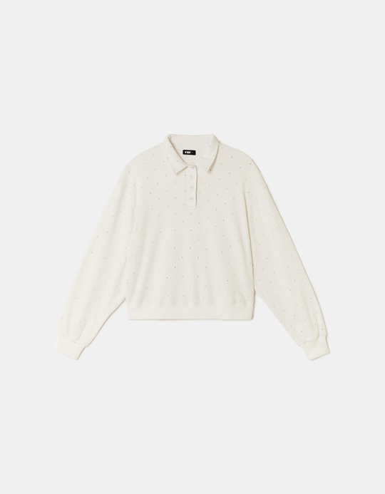 TALLY WEiJL, White Buttoned Sweatshirt with Rhinestones for Women
