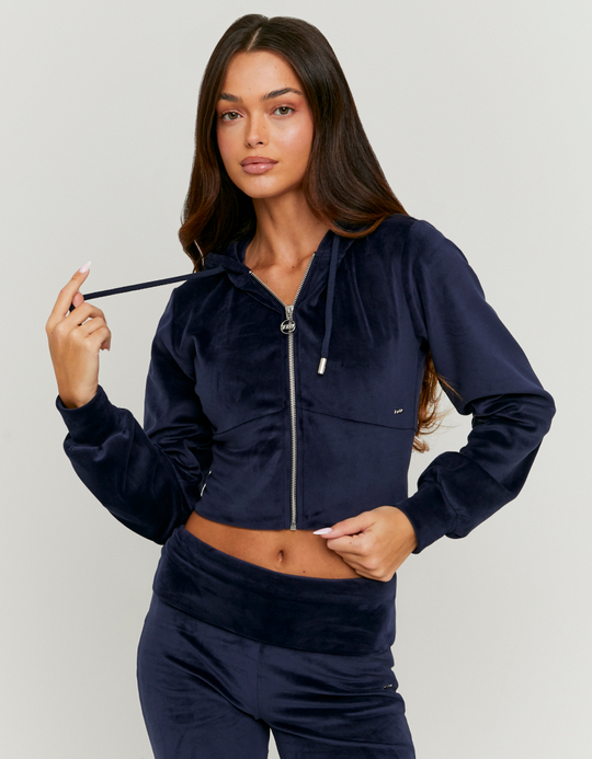 TALLY WEiJL, Blue Cropped Velvet Zip Up Hoodie for Women