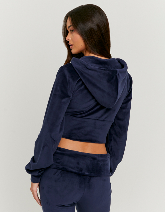 TALLY WEiJL, Blue Cropped Velvet  Zip Up Hoodie for Women