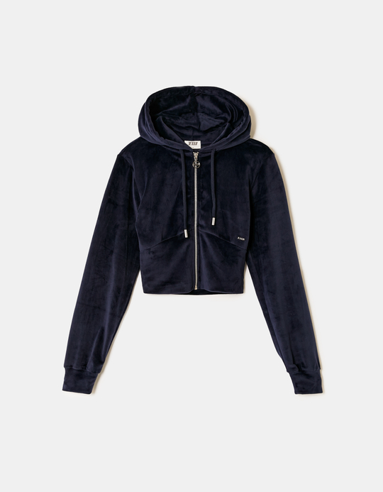 TALLY WEiJL, Blue Cropped Velvet  Zip Up Hoodie for Women