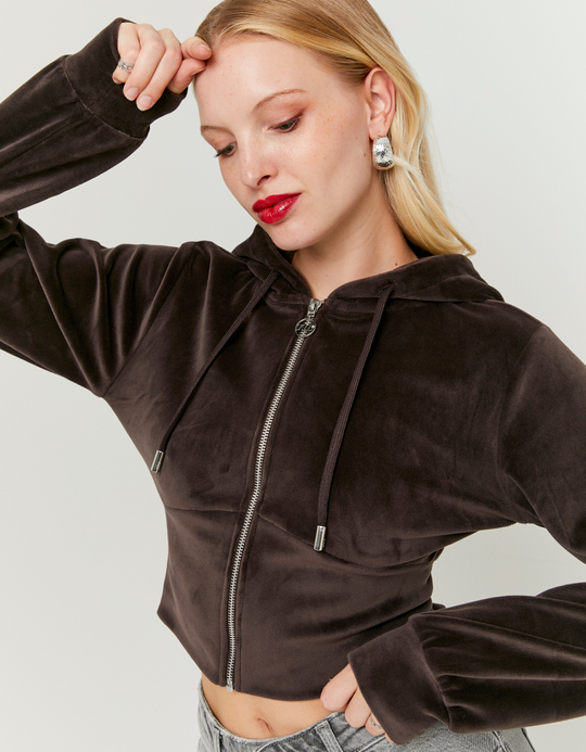 TALLY WEiJL, Brown Basic Cropped Zip-Up Hoodie for Women