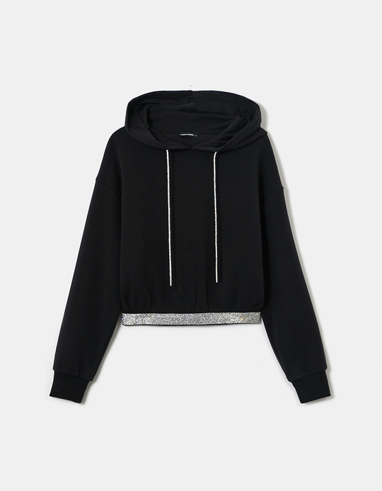 TALLY WEiJL, Sweat à Capuche Court à Strass Noir for Women
