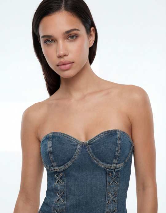 TALLY WEiJL, Blue Denim Lace-Up Top for Women