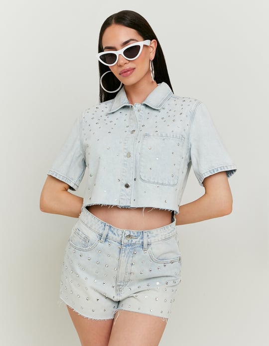 TALLY WEiJL, Τζιν Πουκάμισο Cropped με Strass for Women
