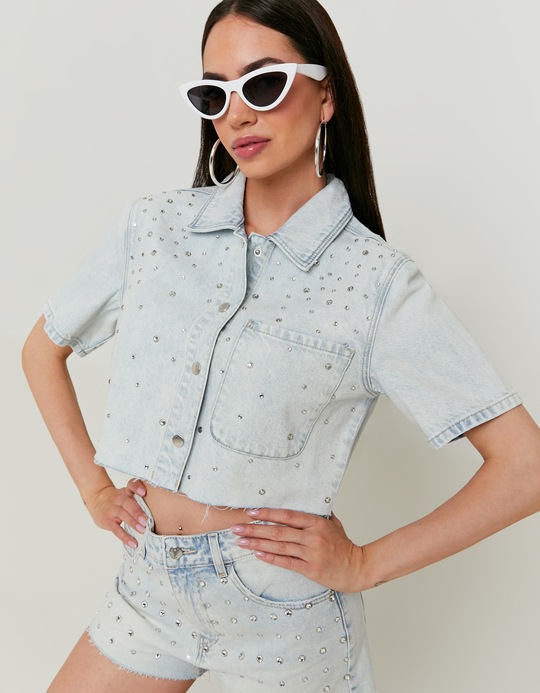 TALLY WEiJL, Τζιν Πουκάμισο Cropped με Strass for Women