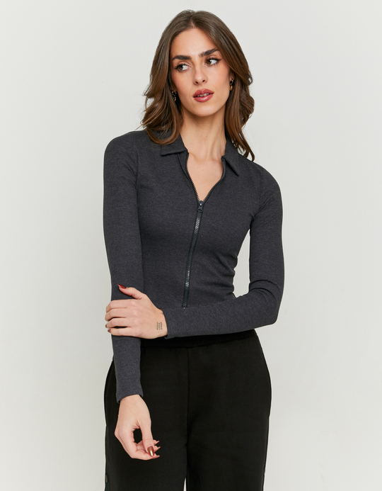TALLY WEiJL, Graues Zip Up T-Shirt mit Polokragen for Women