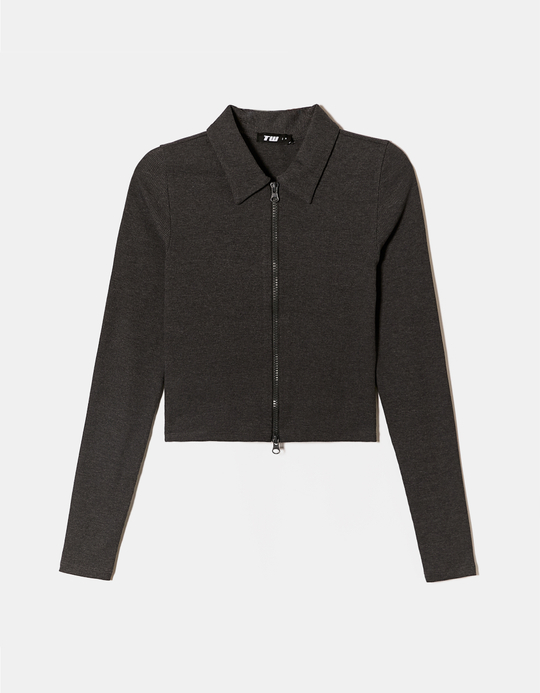 TALLY WEiJL, T-Shirt Gris Zippé Col Polo for Women