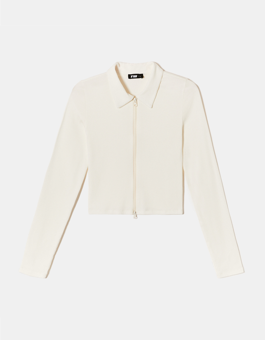 TALLY WEiJL, White Zip Up T-shirt with Polo Neck for Women