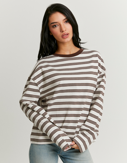 TALLY WEiJL, Brown Striped T‑Shirt With Long Sleeves for Women