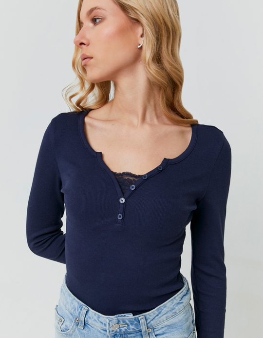 TALLY WEiJL, Blue Long Sleeve T-Shirt with Lace Detail for Women