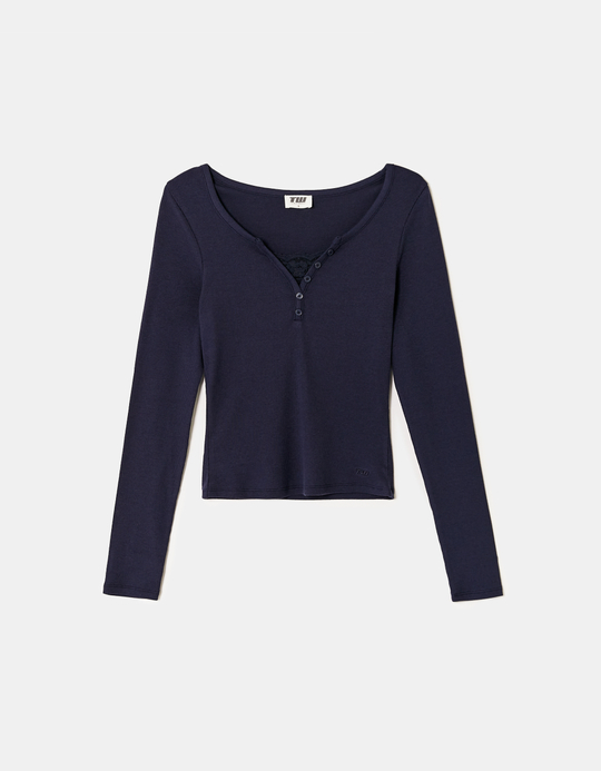TALLY WEiJL, Blue Long Sleeve T-Shirt with Lace Detail for Women